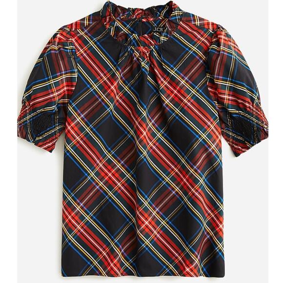 J. Crew Stewart Tartan Smocked Puff Sleeve Cotton Poplin Top - Picture 1 of 9